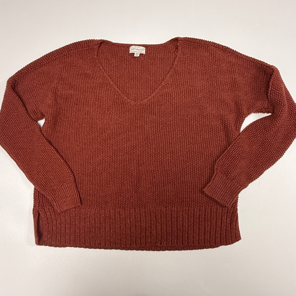 Lucky Brand V-Neck Sweater Rust Orange Chunky Knit Pullover Medium Boho